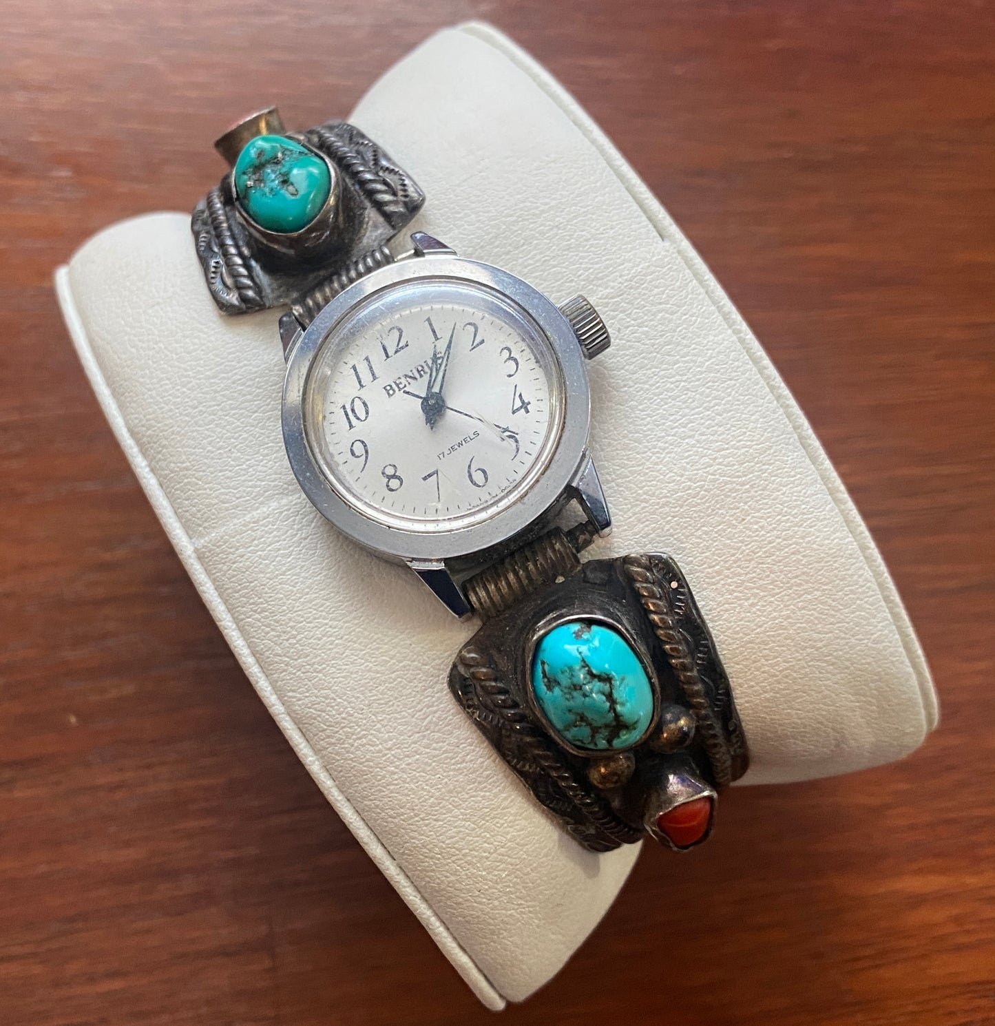 Silver D & J Clark Navajo Turquoise Red Coral Watch Band