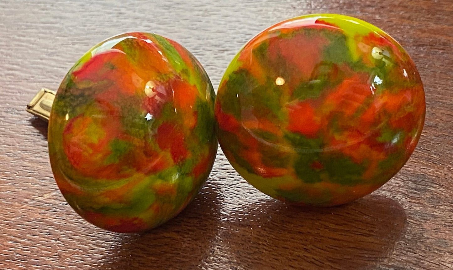 Vintage LARGE Art Glass Retro 60's 70's Cuff Links Green Orange