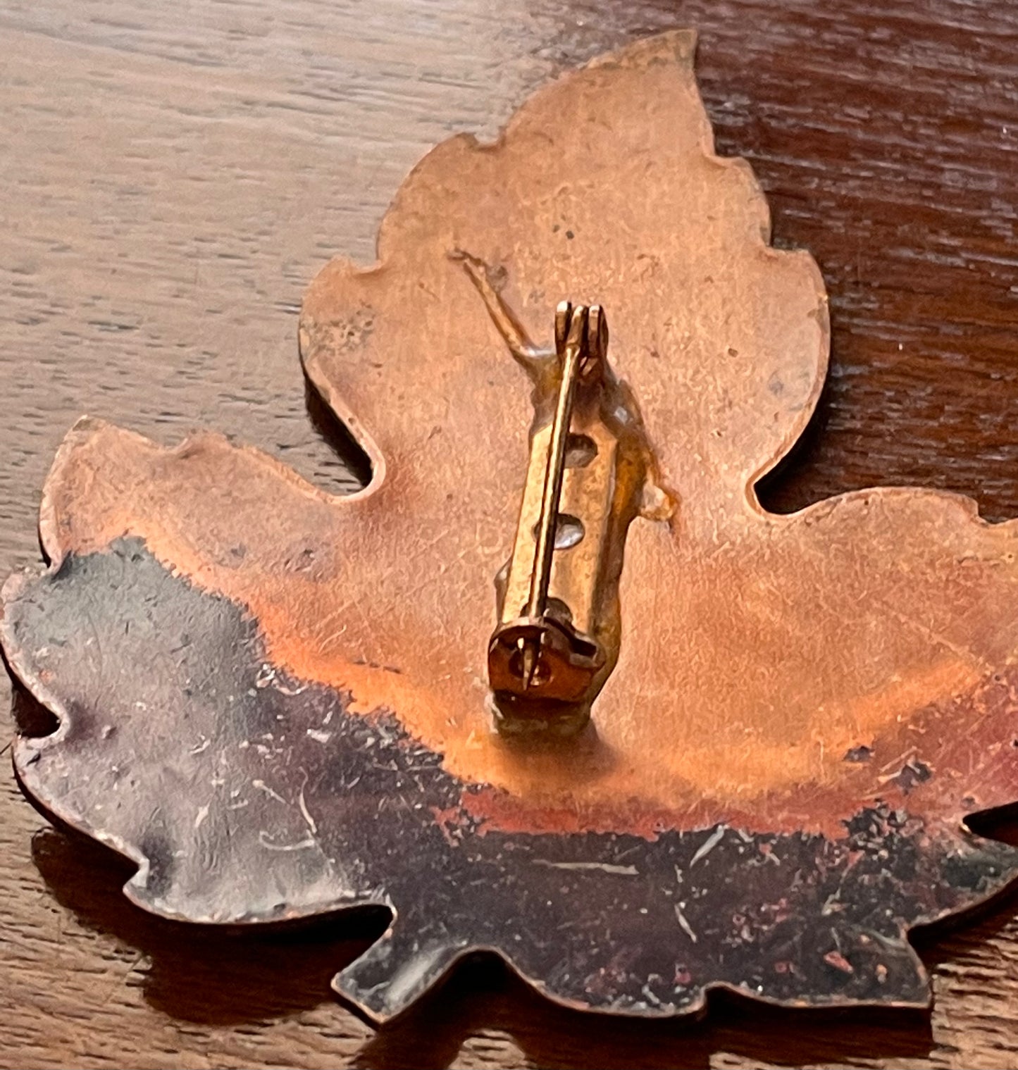 Vintage Large Copper Glazed Enamel Leaf Brooch Pin