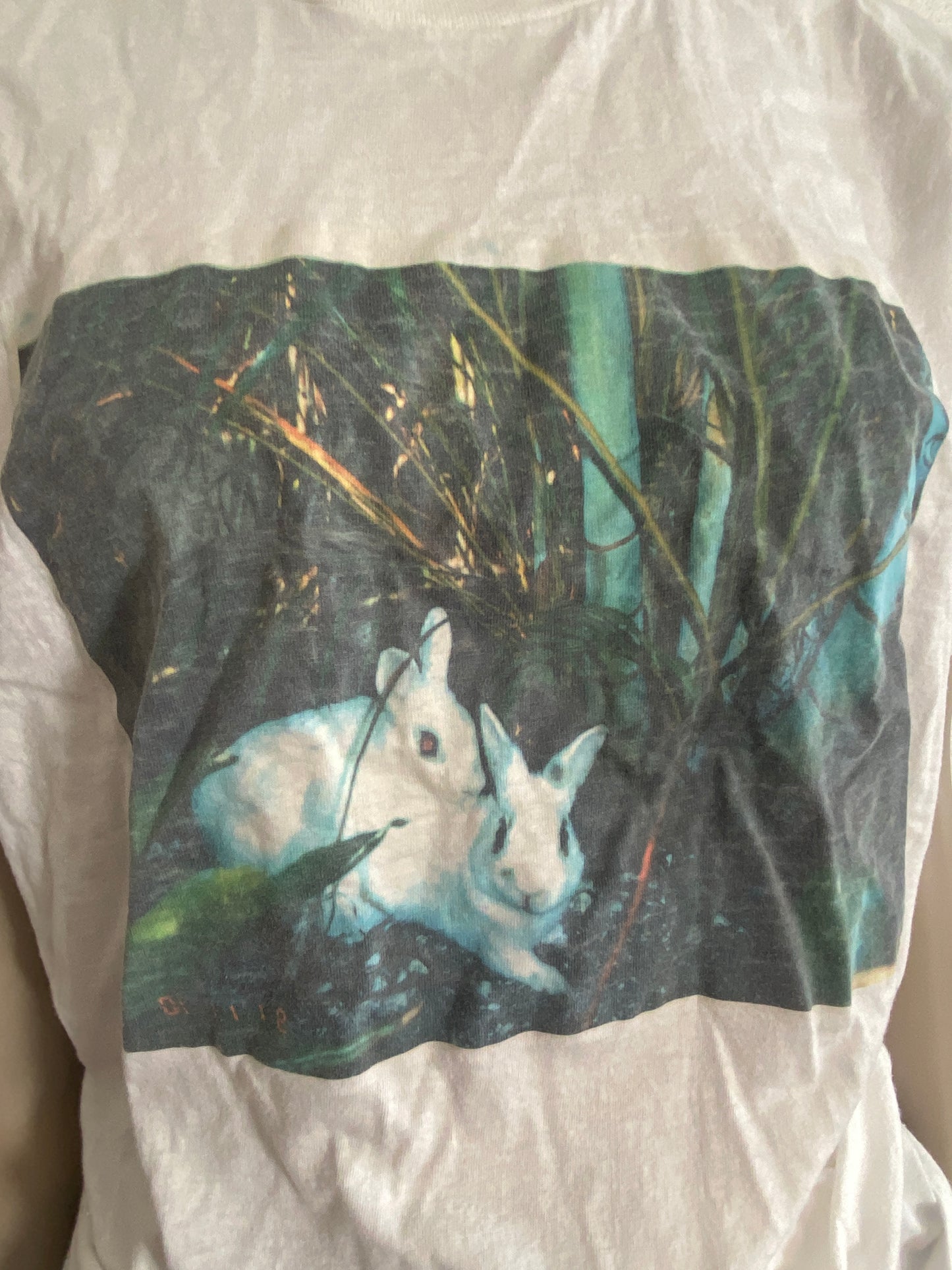 Unisex Vintage 80's Graphic Print Short Sleeve T-shirt Rabbits Forest Sz M