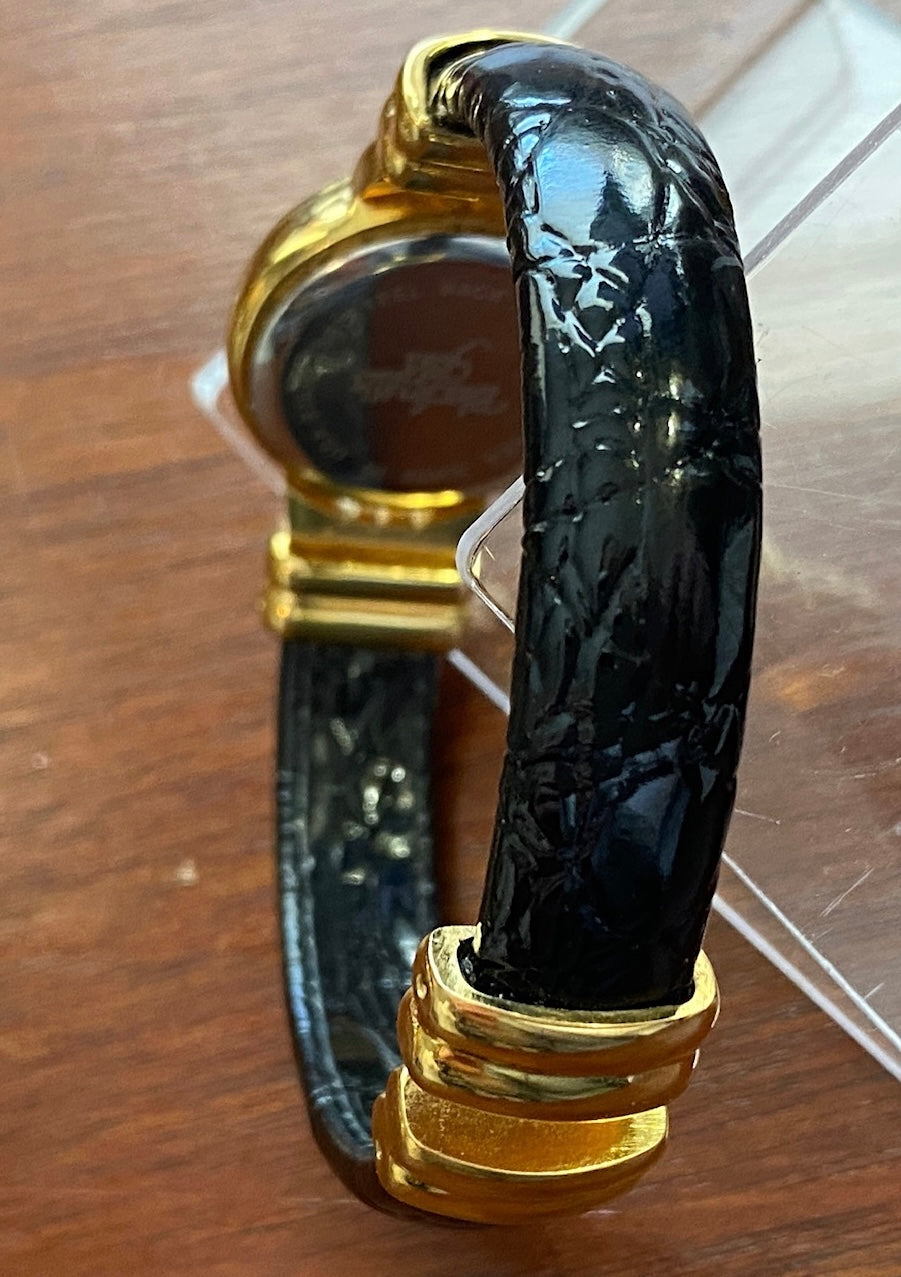 12k Black Hills Gold Wristwatch Black Leather Clamper Band