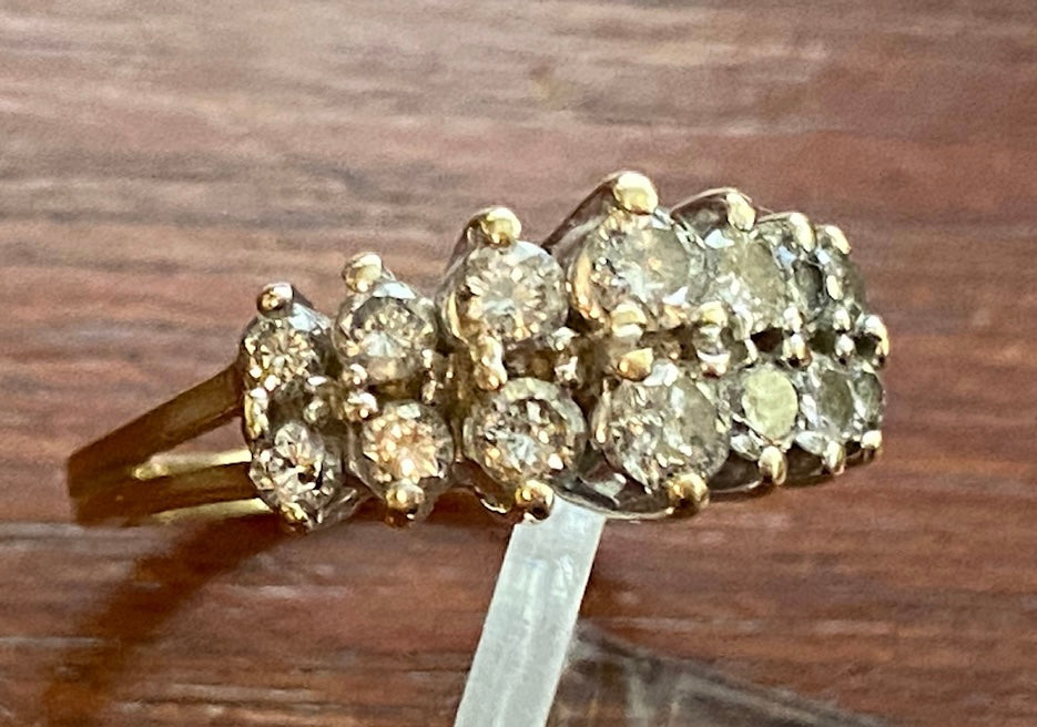 14k Yellow Gold 2 Row Round Cut Diamond Ring Sz 6.5