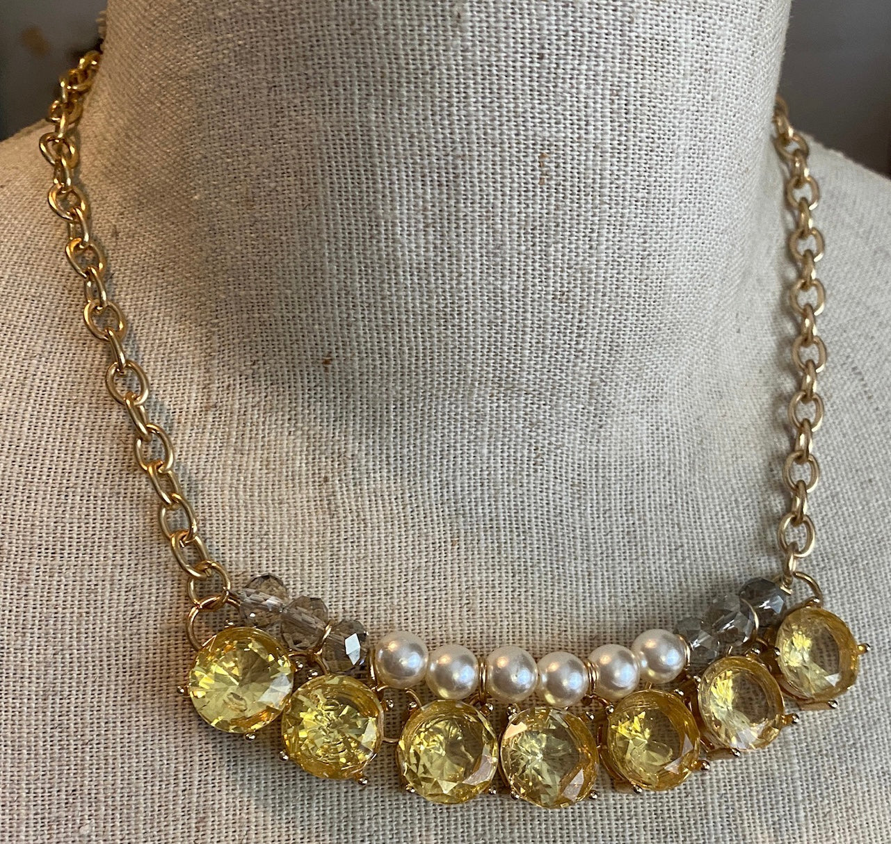 Gold Tone Chain Faux Citrine Pearl Collar Statement Necklace