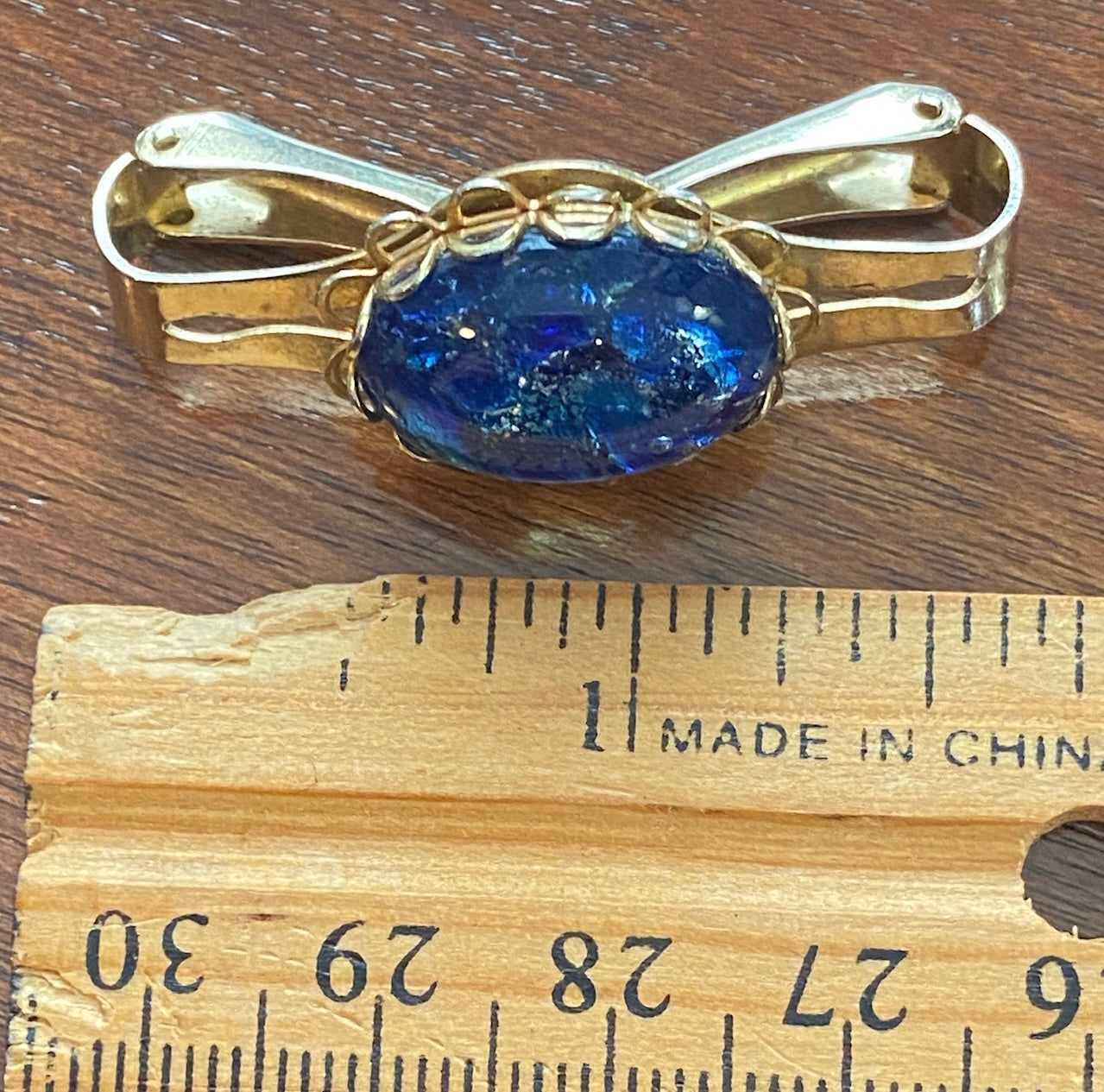 Vintage Blue Art Glass Scarf Clip Gold Tone