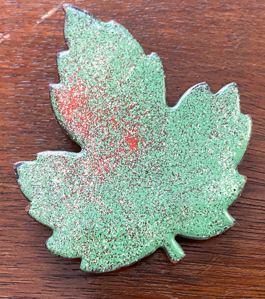 Green Enamel over Copper Leaf Brooch Pin