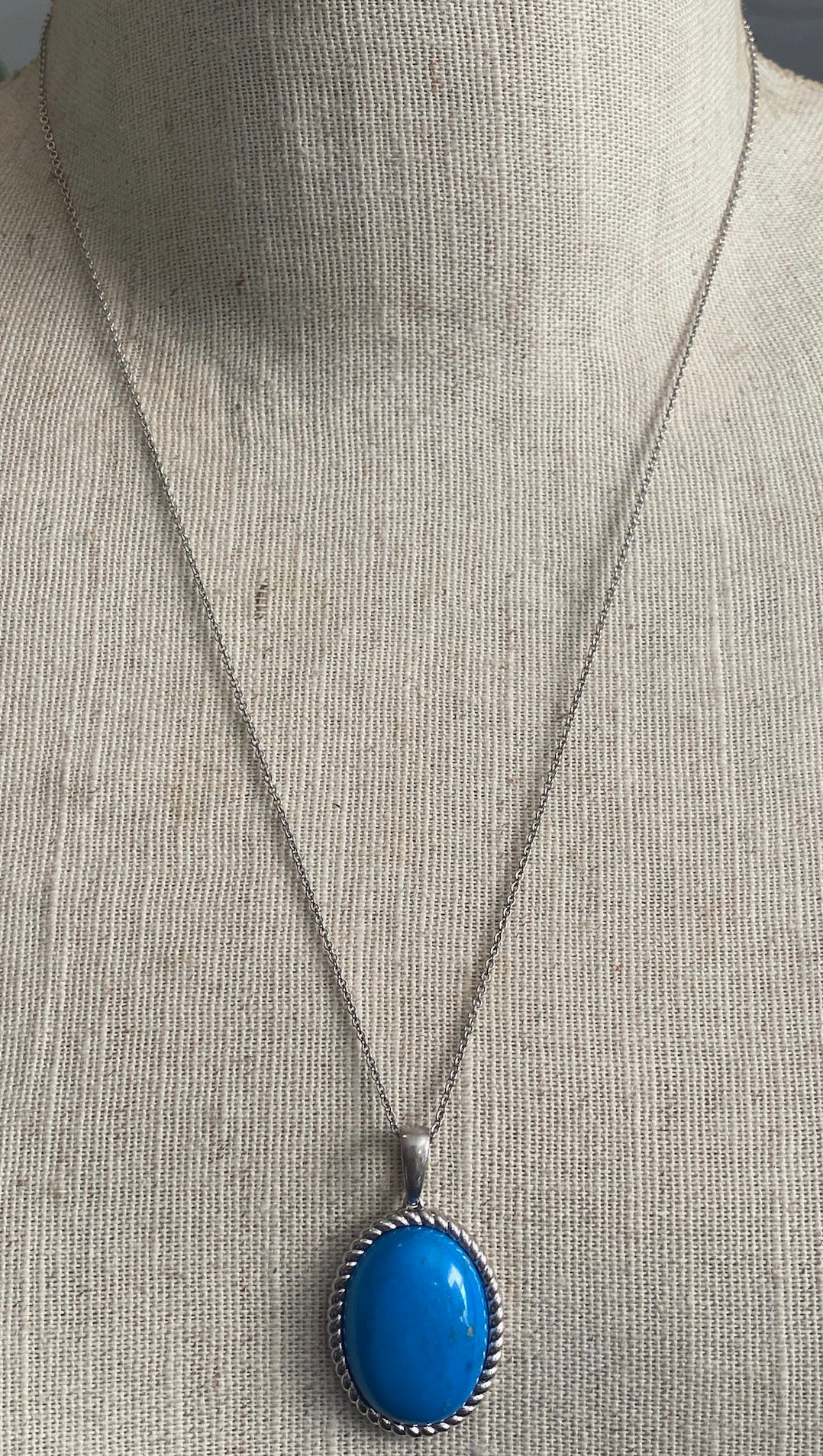 Sterling Silver Chain w Large Turquoise Cabochon Pendant Necklace