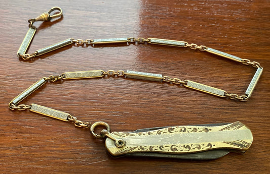 Victorian BB Co Pocket Knife Gold Filled Chain Two Tone Chasing