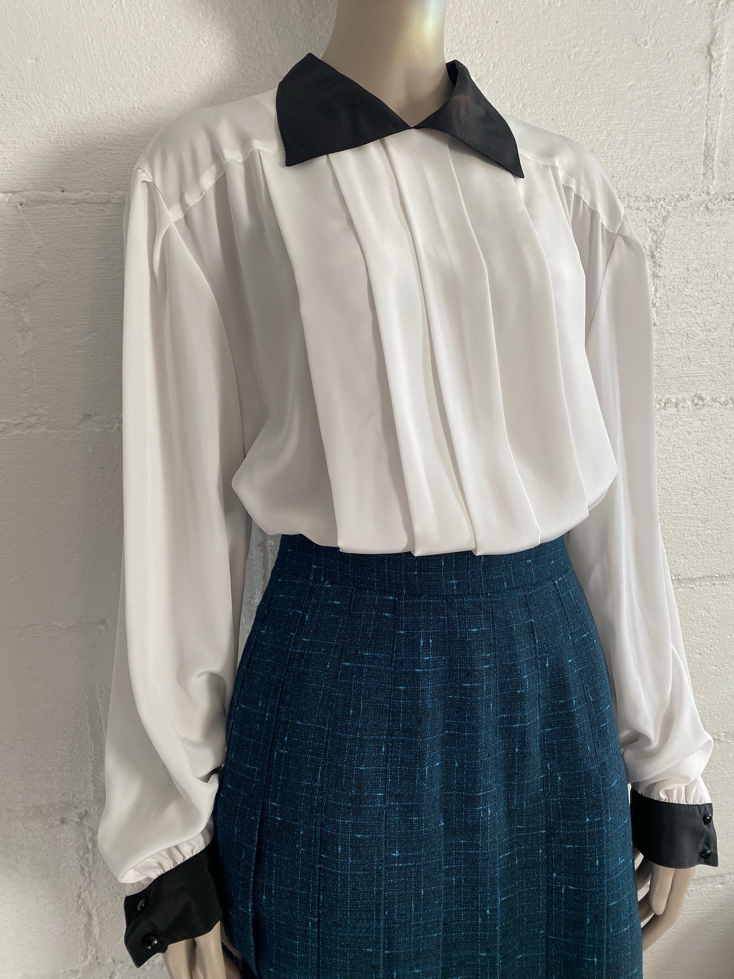 Vintage White Black Collar Pleated Blouse Haberdashery Personal II Secretary