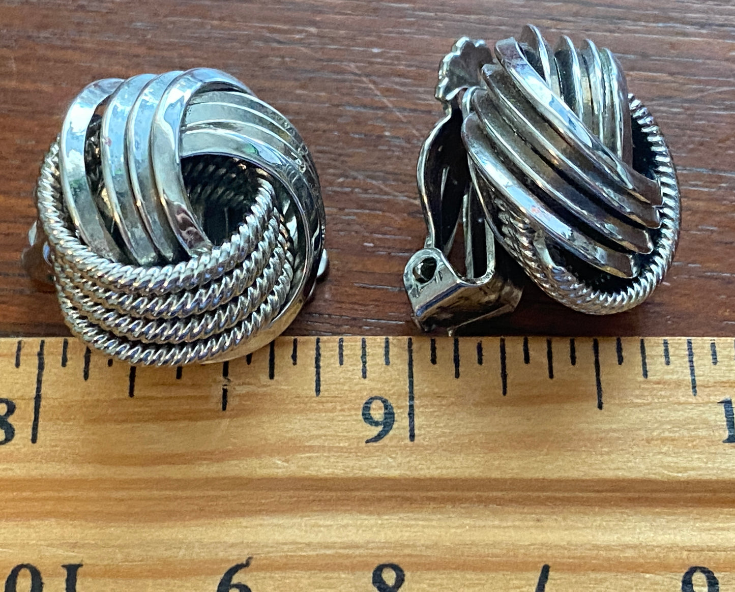 Vintage Sliver Tone Metal Rope Knot Earrings Clip on
