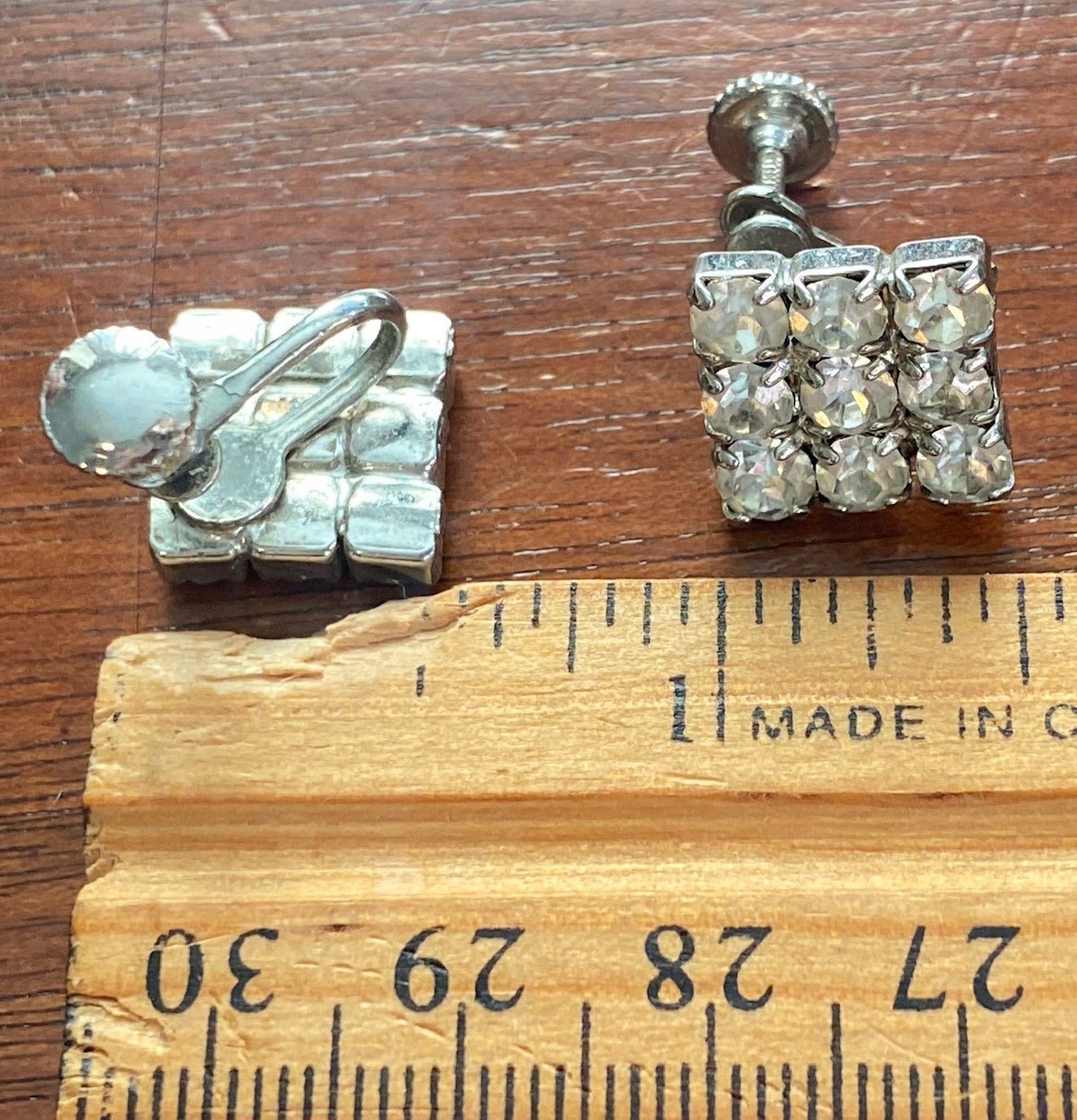 Vintage Silver Tone Square Shaped Rhinestone Screwback Earrings