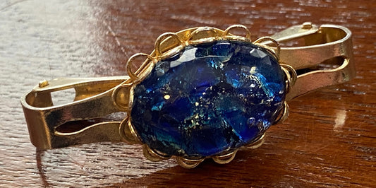 Vintage Blue Art Glass Scarf Clip Gold Tone