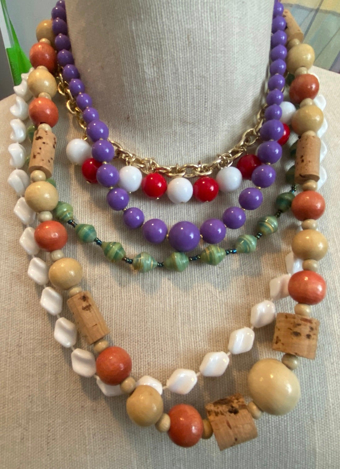 Lot of 5 Vintage Colorful Beaded Necklace Wood Gold Tone Bauble