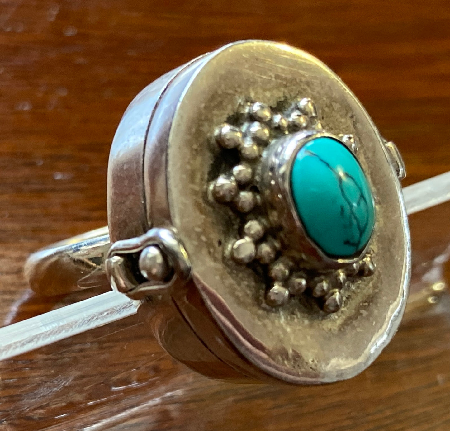 Sterling Silver 925 Turquoise Cabochon Poison Locket Ring Sz 6.75