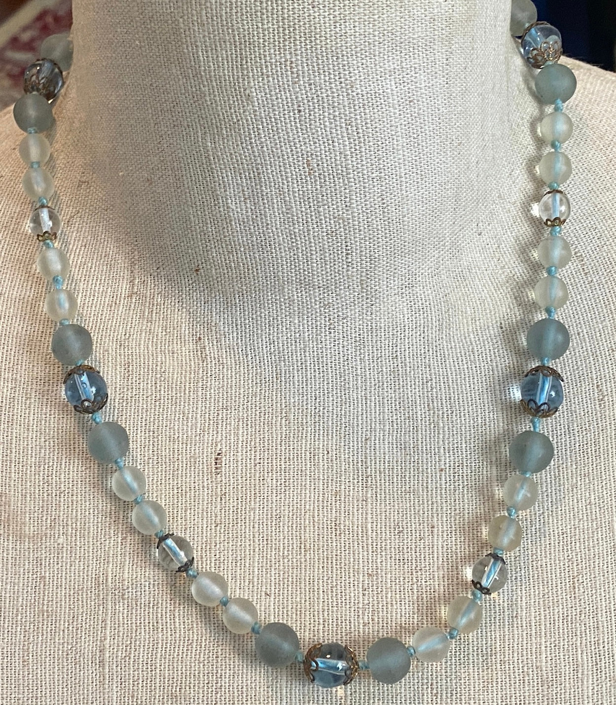 Vintage Shades of Blue Frosted Glass Bead Single Strand Necklace