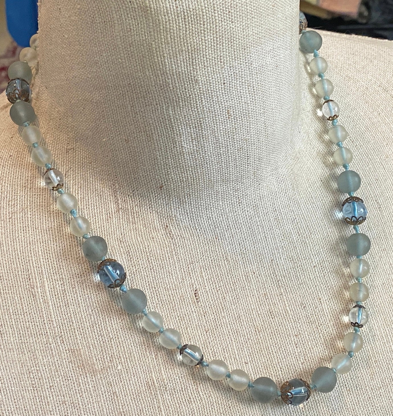 Vintage Shades of Blue Frosted Glass Bead Single Strand Necklace