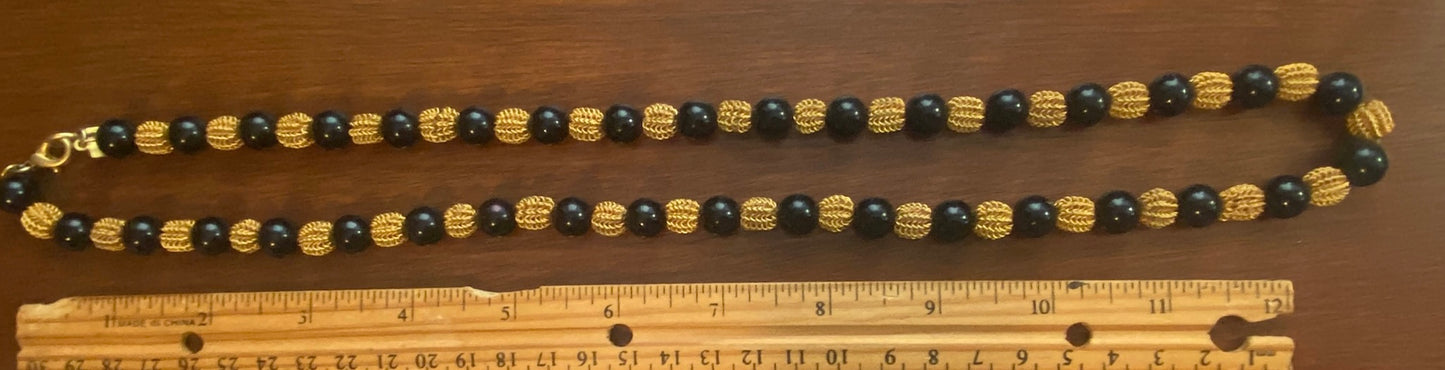 Vintage Signed Anne Klein Black Gold Mesh Bead Single Strand Necklace