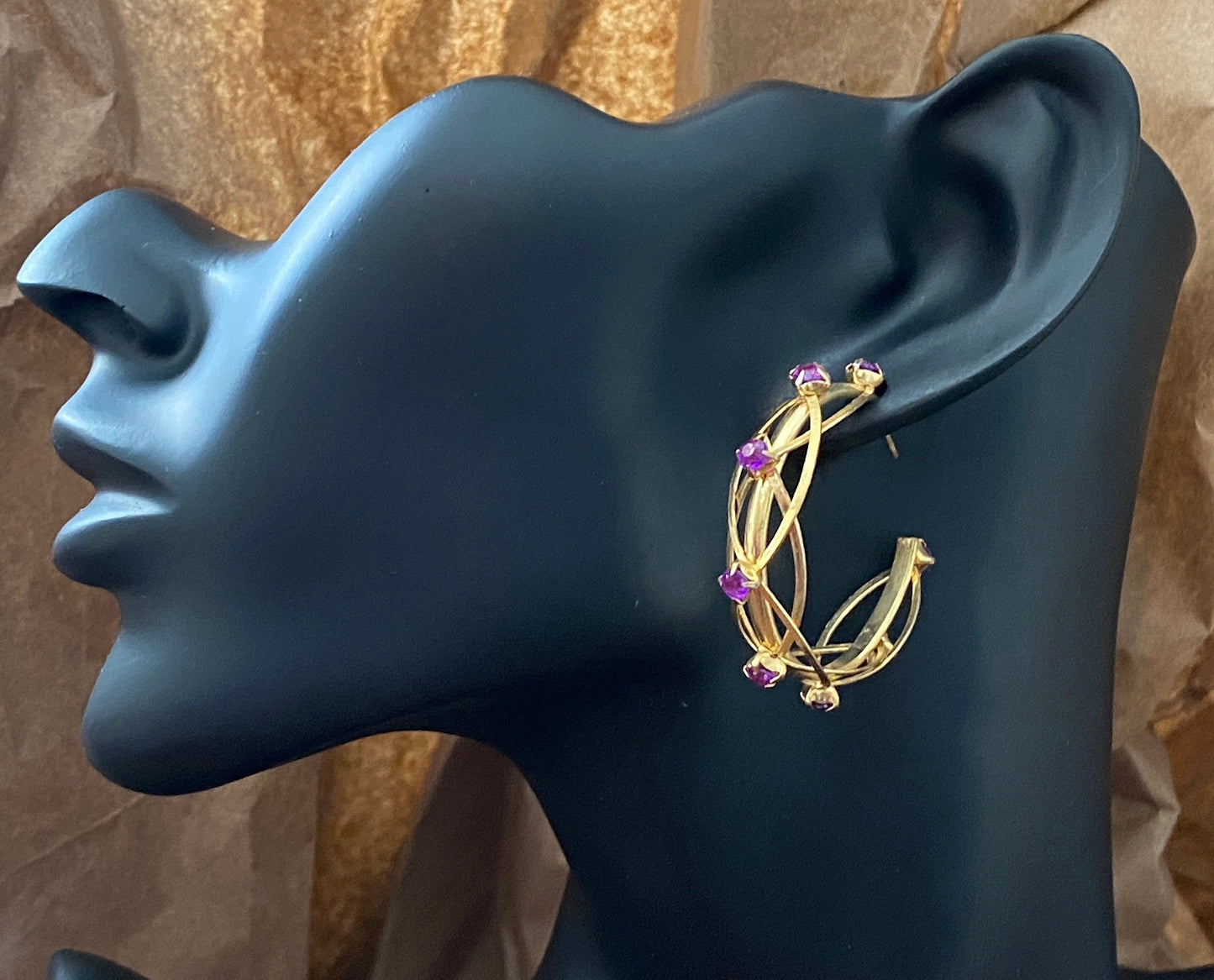 Vintage 80's Gold Tone Purple Rhinestone Hoop Pierced Earrings