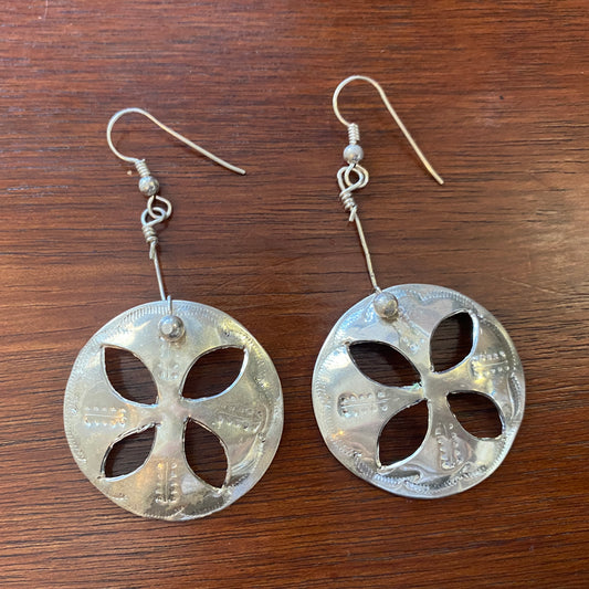 Silver Tone Sand Dollar Dangly Cut Out Pierced Earrings