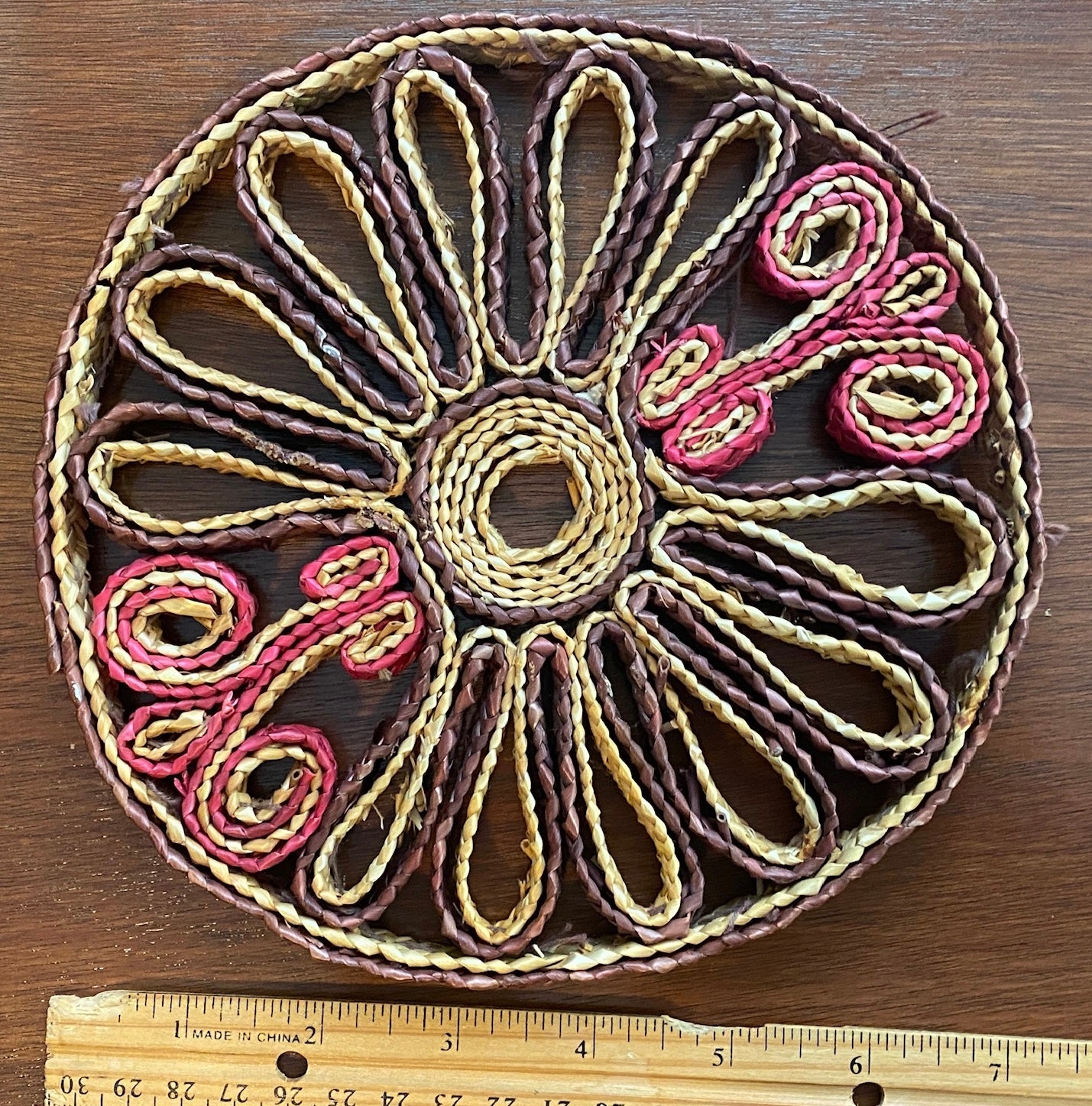 Vintage 70's Woven Rattan Trivet Round
