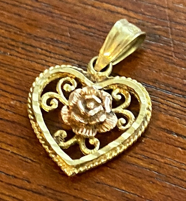 14k Yellow Rose Gold Heart Flower Small Necklace Pendant