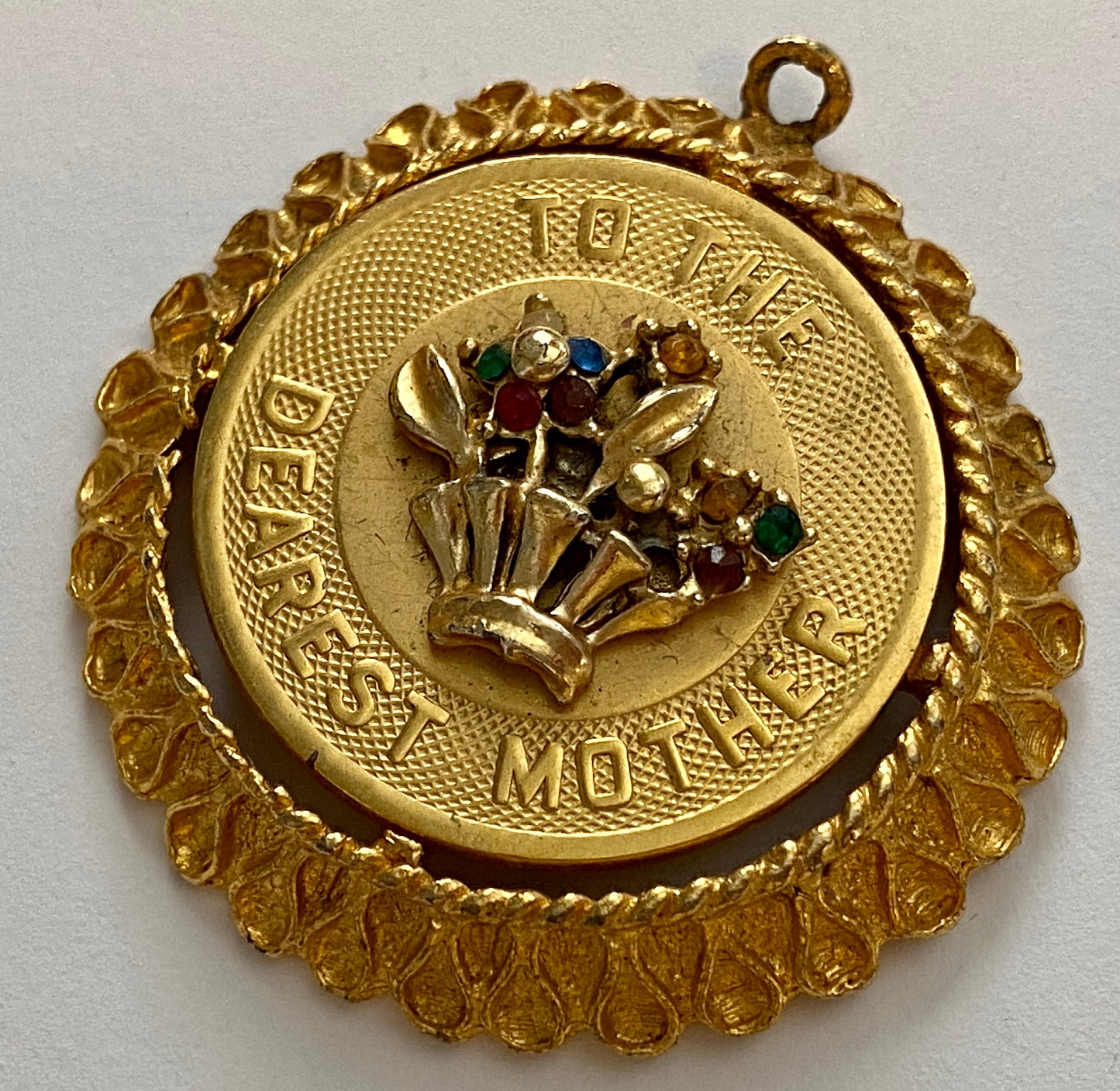 Vintage 'Dearest Mother' Gold Tone Flower Rhinestone Pendant