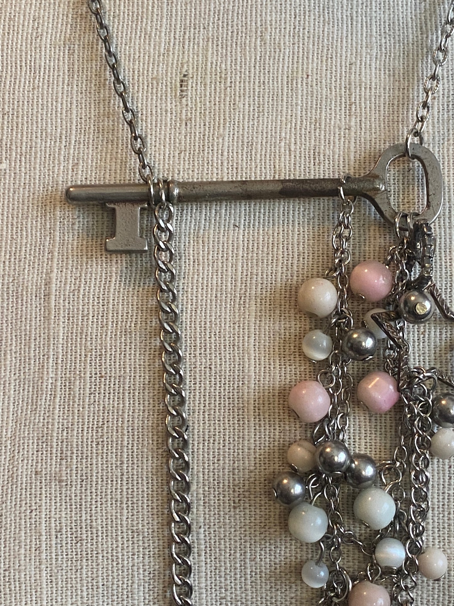 Silvertone Chain Bead Skeleton Key Star Heart Charm Necklace