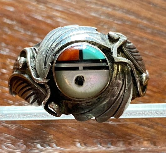 Vintage Old Pawn Sterling Silver 925 Zuni Sunface Ring Sz 7.5 MOP Turquoise Coral Onyx