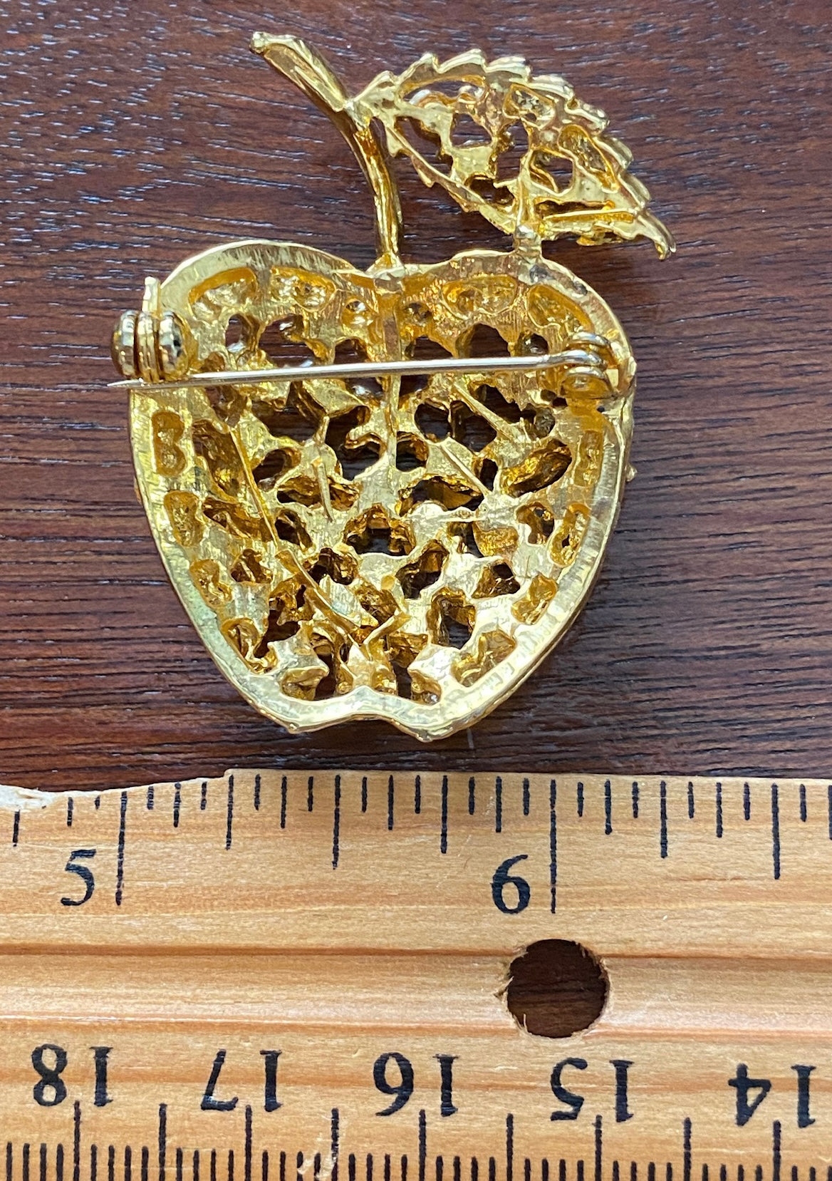 Domed Gold Tone Metal Rhinestone Apple Brooch Pin