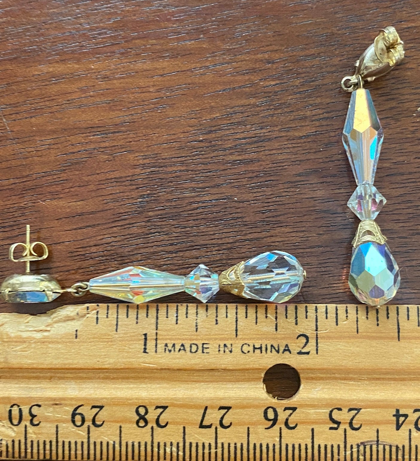 Vintage Style Gold Tone Aurora Borealis AB Glass Dangly Drop Pierced Earrings