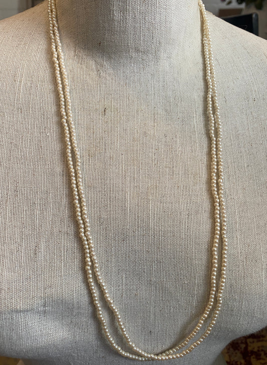 Signed 1928 Two Strand Faux Pearl Long Necklace
