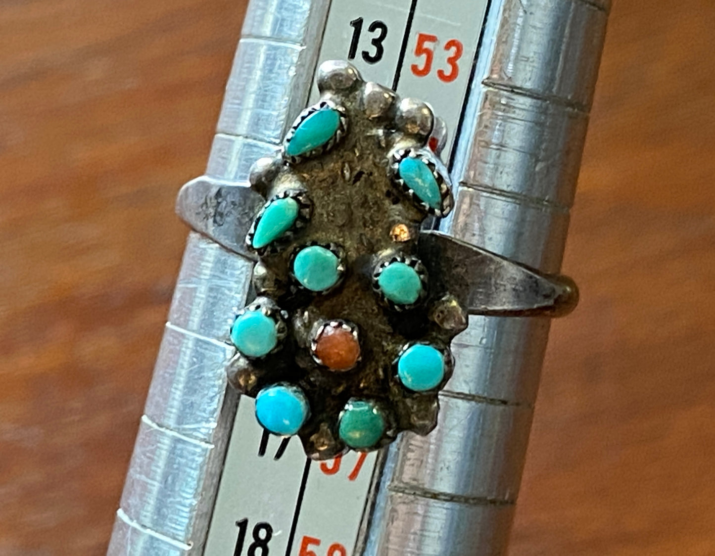 Vintage Old Pawn Silver Turquoise Coral Ring Sz 7 Needle Point