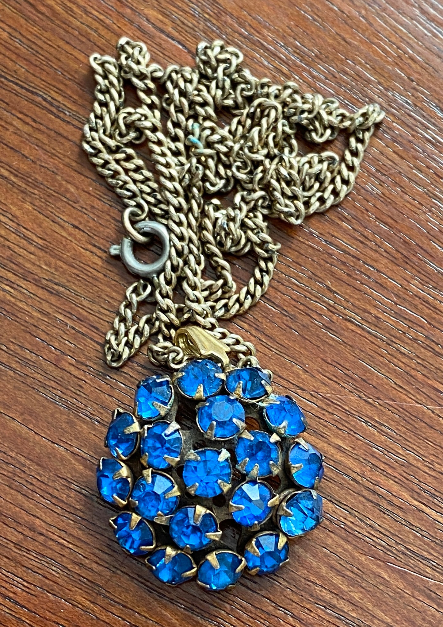 Vintage Blue Rhinestone Cluster Dome Pendant Necklace