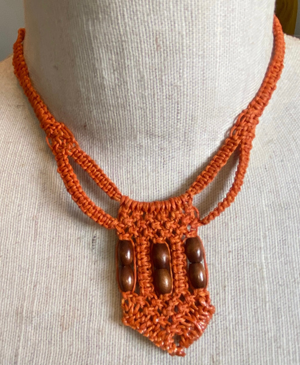 Set of 2 Orange Crochet Wood Bead Necklaces