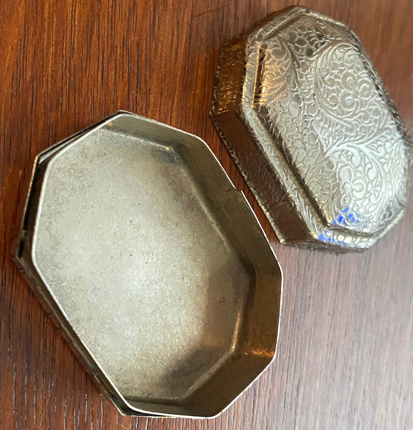 Small Vintage Stamped Metal Flower Design Trinket Jewelry Box
