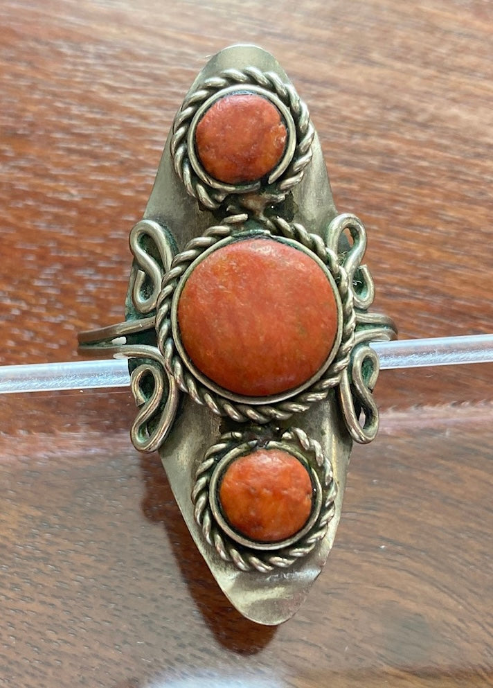 Vintage Silver Tone Old Pawn Polished Stone Statement Ring Sz 10