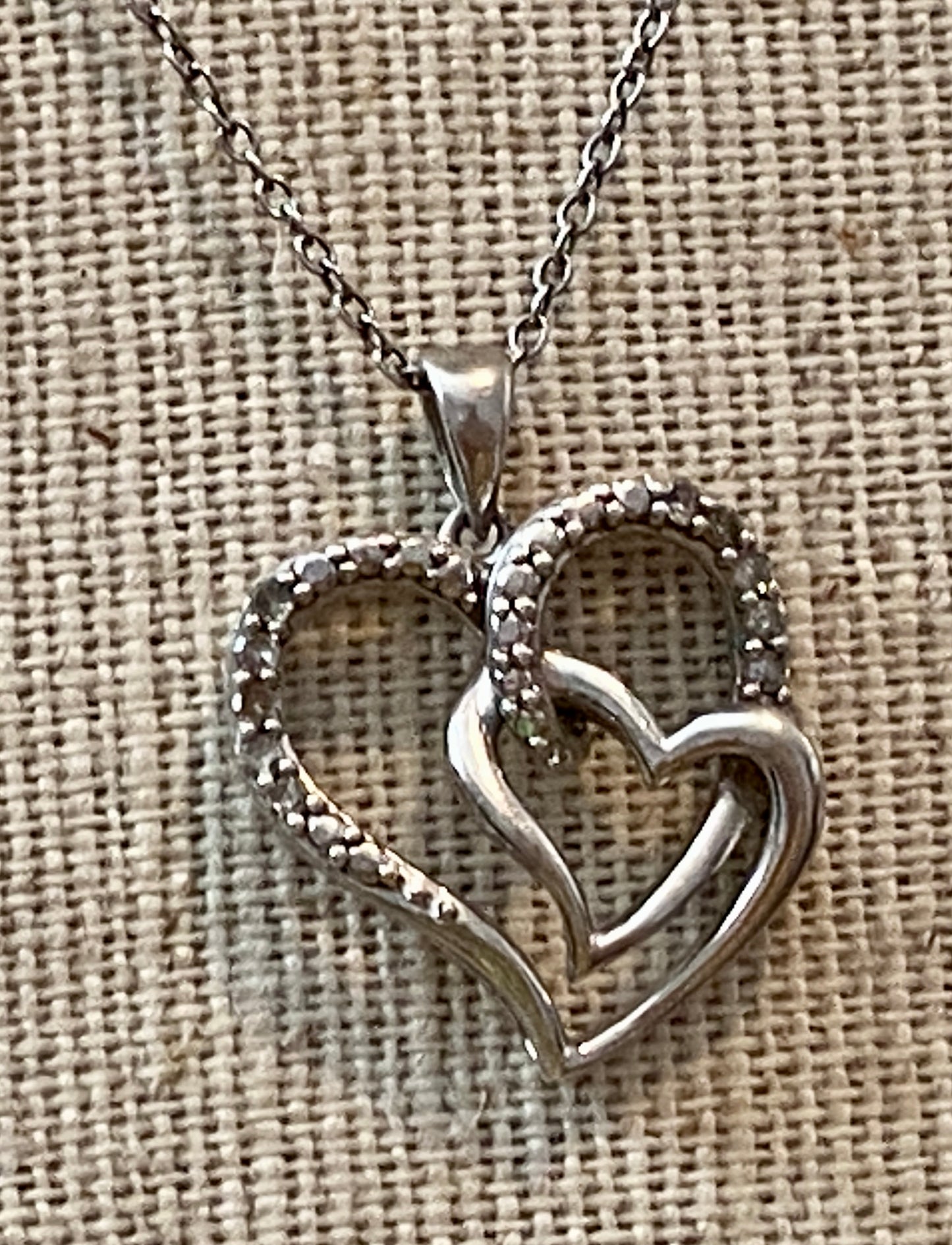 Sterling Silver 925 Open Double Heart Diamond Accent Pendant Chain Necklace