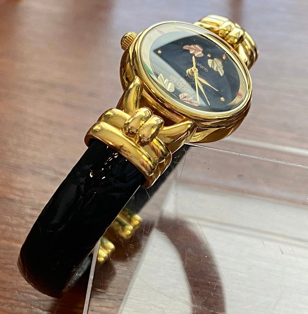 12k Black Hills Gold Wristwatch Black Leather Clamper Band