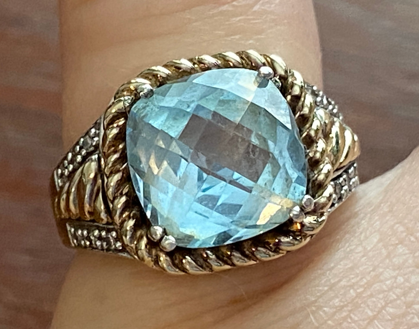 Sterling Silver 925 14k Yellow Gold Blue Topaz Diamond Ring Sz 5.25