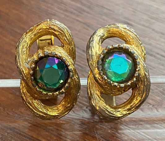 Vintage Gold Tone Ab Aurora Borealis Rhinestone Cufflinks Marked USA