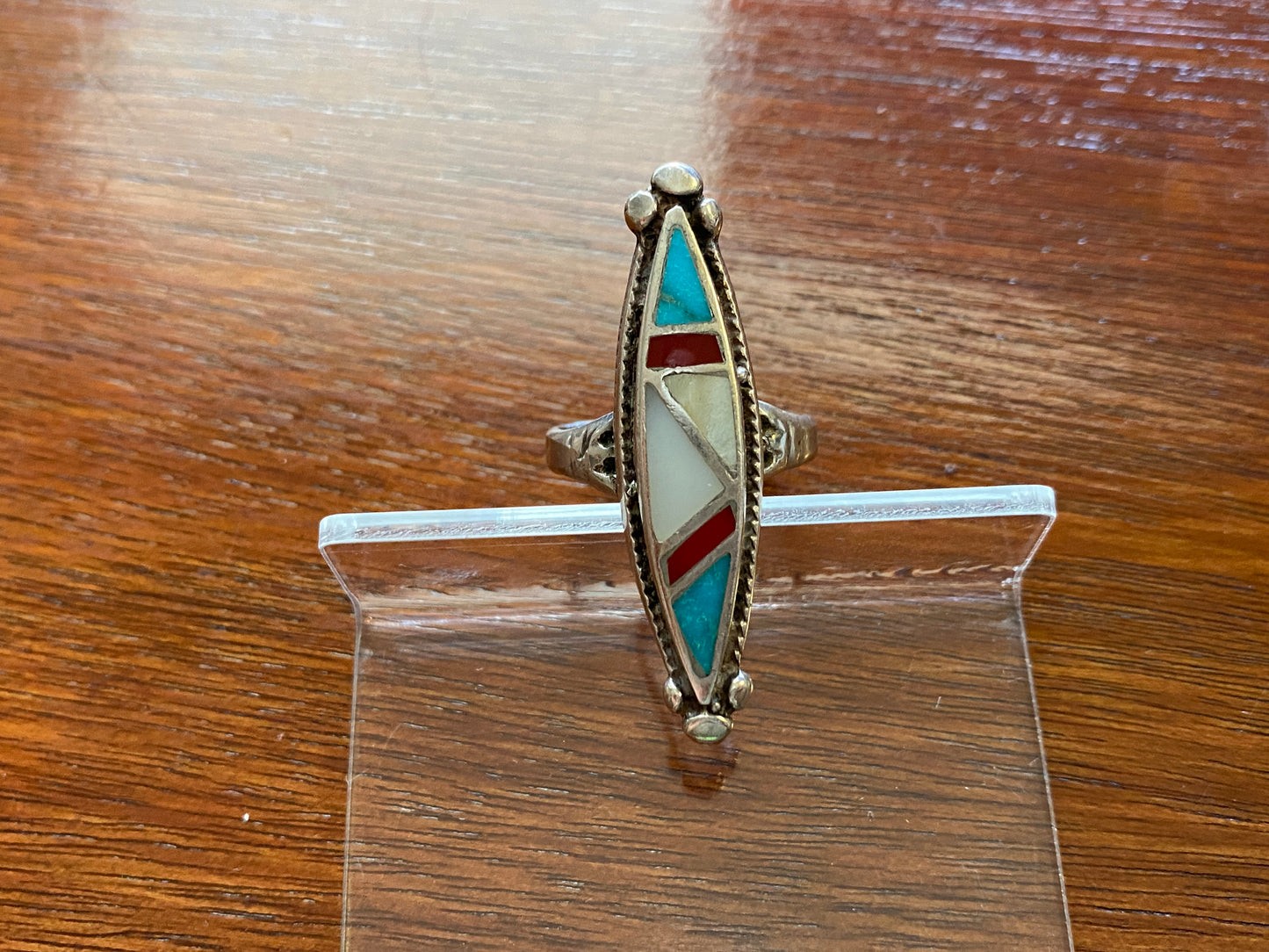 Silver Old Pawn MOP Turquoise Red Coral Inlay Statement Ring Sz 7.75