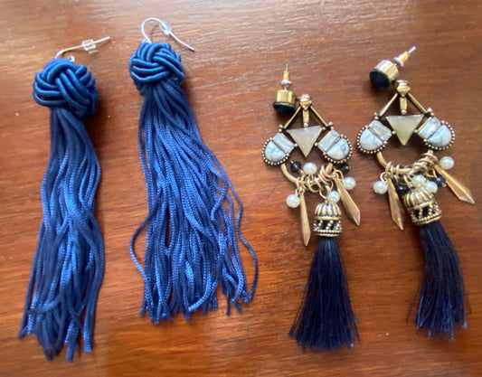 Set of 2 Cobalt Blue Tassel Rhinestone Statement Pageant Pierced Earrings