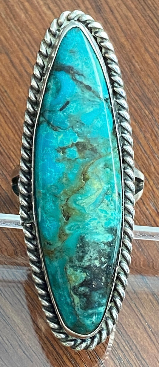 Signed WH Sterling Silver 925 Large Turquoise Ring Sz 7.5