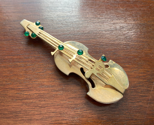 Vintage Large Gold Tone Metal Green Rhinestone Violin Brooch