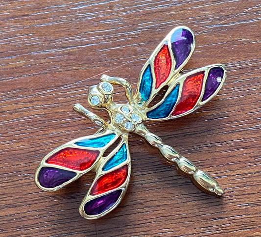 Signed Roman Vintage Dragonfly Enamel Rhinestone Brooch Pin