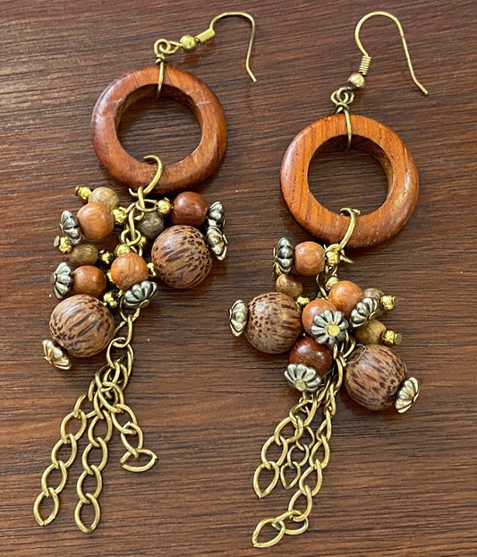 Vintage Gold Tone Wood Bead Drop Dangle Dangly Pierced Earrings