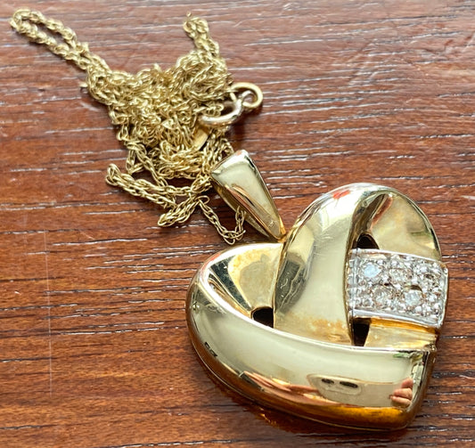 10k Yellow Gold Chain w FTH Pave Diamond Woven Heart Pendant 18" Long