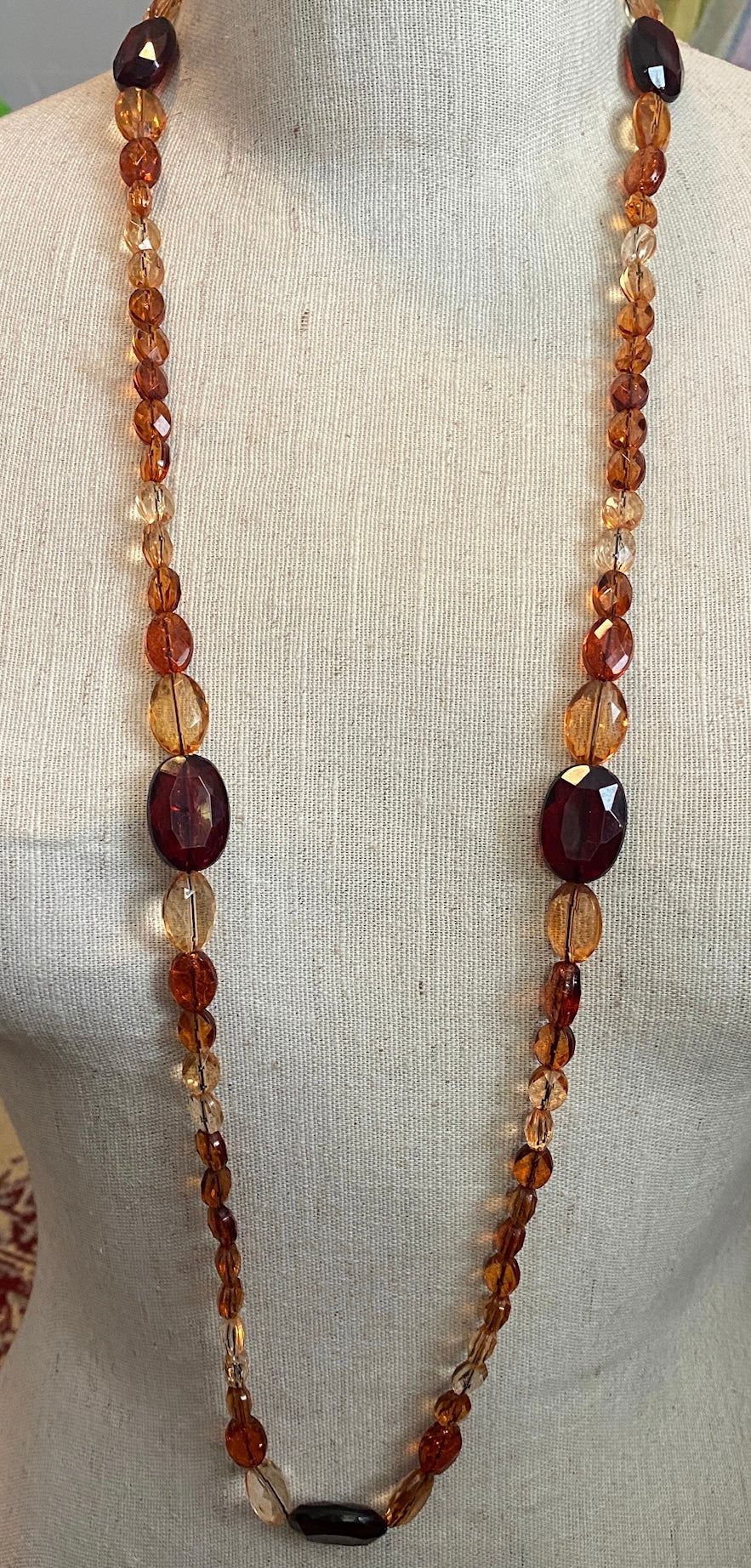 Vintage Style Red Orange Earth Tone Faceted Bead Long Necklace