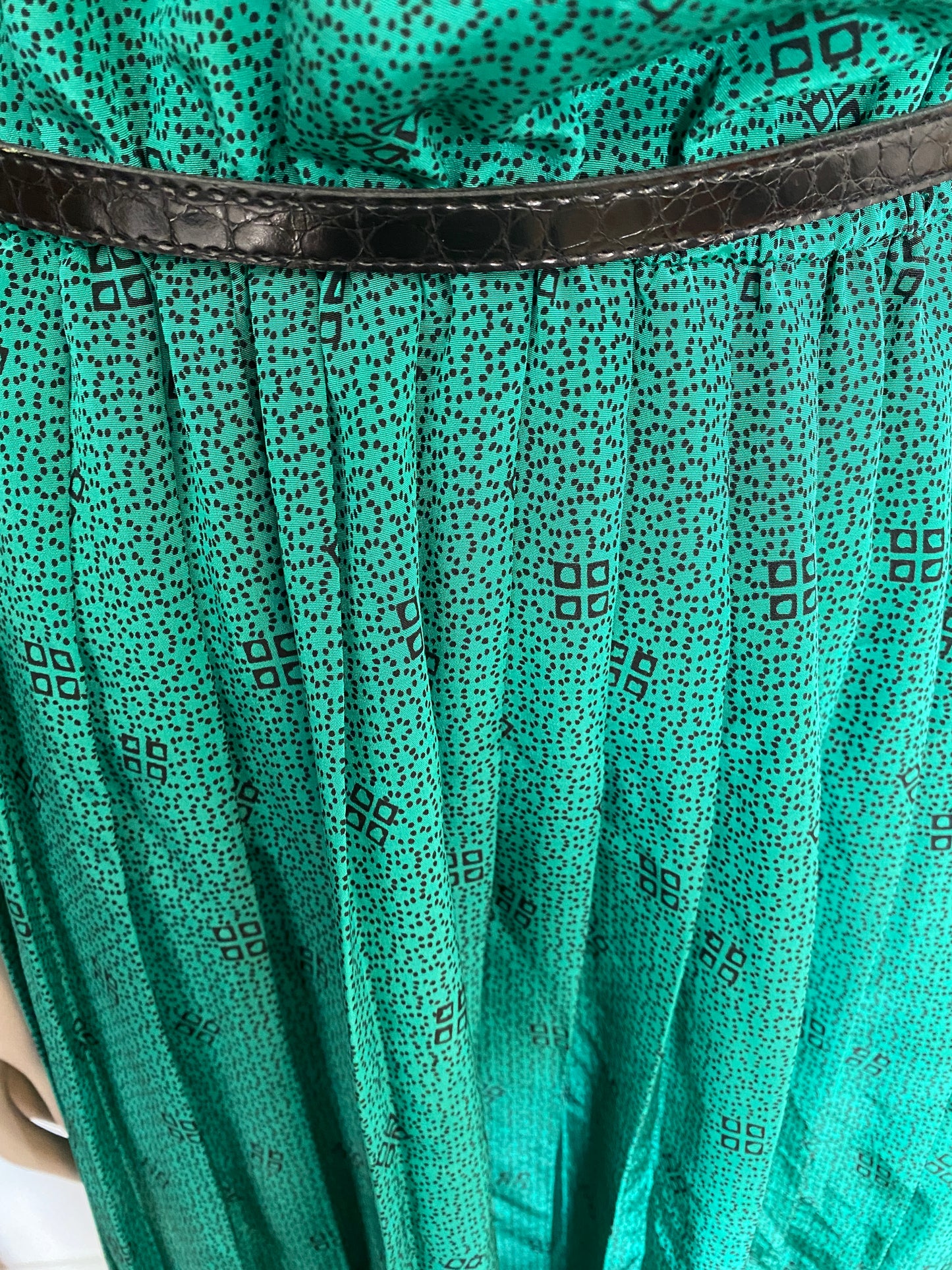 Vintage 70's Secretary Dress Pleated Green Black Funky Pattern
