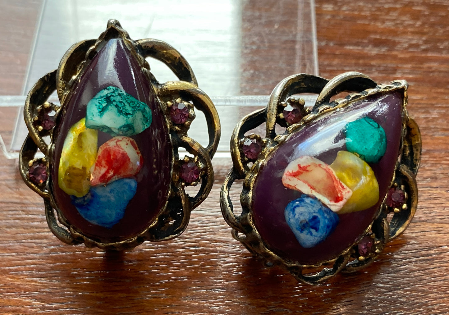 Vintage 80's Large Colorful Rhinestone Resin Confetti Clip on Earrings
