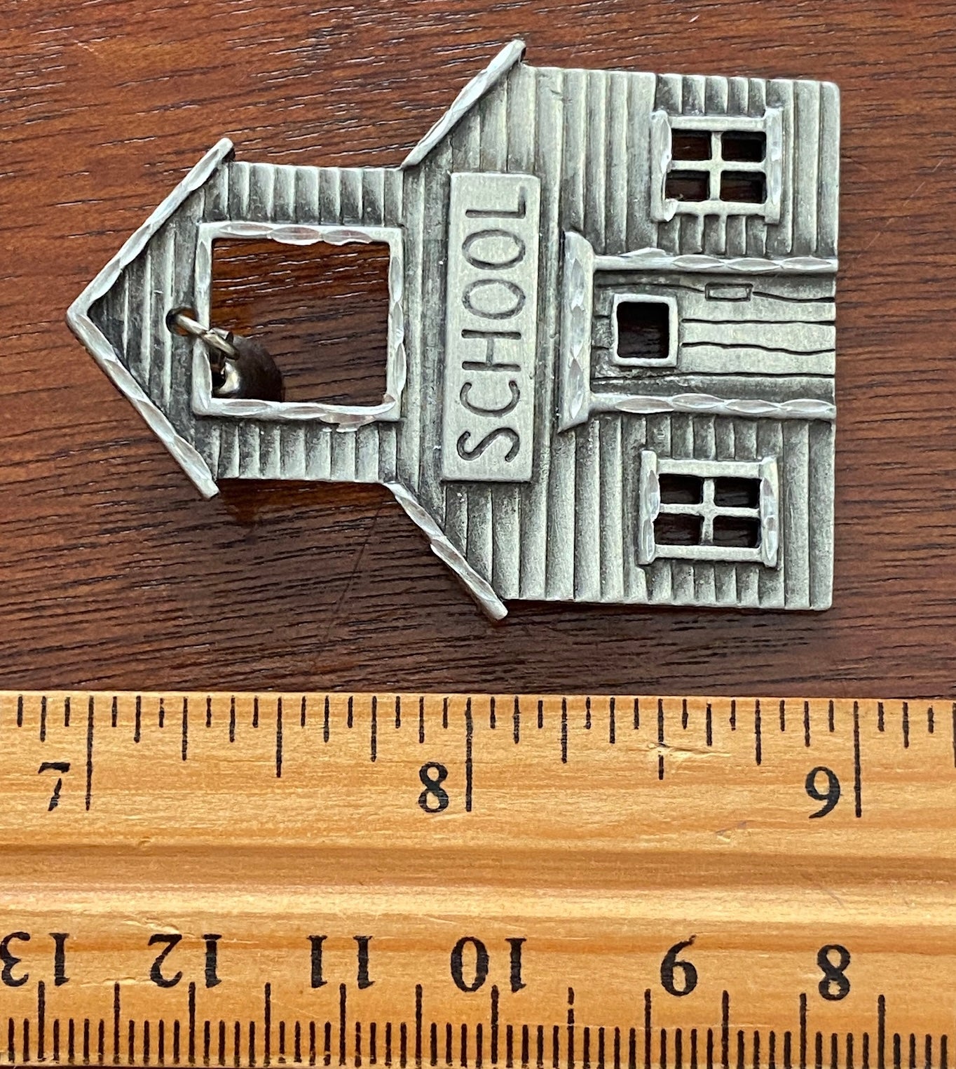 Vintage Signed JJ Pewter School House Bell Teacher Brooch Pin